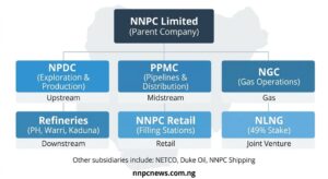 Organizational chart showing NNPC Limited as parent company with six main subsidiaries including NPDC for exploration, PPMC for pipelines, NGC for gas, refineries, NNPC Retail, and NLNG joint venture