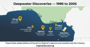 Map of Nigeria showing six deepwater discoveries including Bonga 1996, Erha 1999, Agbami 1999, Akpo 2000, Egina 2003, and ZabaZaba 2005