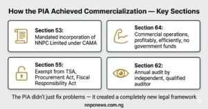 Four cards showing how PIA achieved commercialization with Section 53 mandating incorporation, Section 64 requiring commercial operations, Section 55 exempting from fiscal rules, and Section 62 requiring annual audit