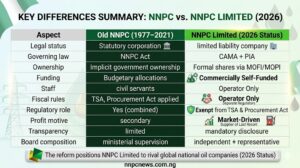 Summary table comparing old NNPC and NNPC Limited across ten categories including legal status, governing law, ownership, funding, staff, fiscal rules, regulatory role, profit motive, transparency, and board composition