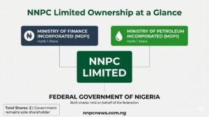Simple diagram showing NNPC Limited ownership with MOFI and MOPI each holding one share on behalf of the federal government, with total shares of two and government as sole shareholder