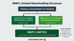 Organizational chart showing NNPC Limited shareholding structure with Federal Government at top, Ministry of Finance Incorporated and Ministry of Petroleum Incorporated each holding one share, and NNPC Limited at bottom with total shares of two and government as sole shareholder