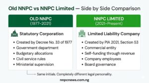 Side by side comparison showing old NNPC as statutory corporation with government building icon on left and NNPC Limited as commercial company with corporate building icon on right, highlighting key differences in legal status and structure
