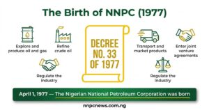 Document icon showing Decree No 33 of 1977 with five powers of NNPC including exploration, refining, transport, joint ventures, and regulation