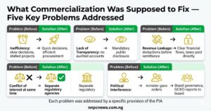 Five before and after cards showing problems fixed including inefficiency to quick decisions, lack of transparency to mandatory disclosure, revenue leakage to clear financial flows, conflict of interest to separate agencies, and political interference to board governance