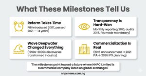 Four cards showing key lessons from NNPC milestones including reform takes time 14 years from PIB to PIA, transparency is hard-won from 2010 reporting to PIA mandate, deepwater changed everything with 1990s discoveries, and commercialization is real from 2016 announcement to 2026 IPO planning