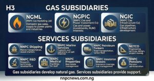 Top section three gas cards NGML for domestic gas sales, NGPIC for gas and power investments and NLNG interests, NGIC for gas pipelines and infrastructure. Bottom section nine services cards NNPC Shipping marine transportation, NNPC Marine Services tugboats and port operations, NNPC Petroleum Tankers road transportation, NETCO engineering services, NNPC R&D research and development, NNPC Medical Services healthcare, NNPC Properties real estate, NNPC Insurance Brokers insurance coverage, NNPC Pension administration 
