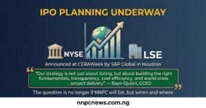 Infographic showing IPO planning with NYSE and London Stock Exchange listings considered, quote from GCEO Bayo Ojulari about building right fundamentals and transparency