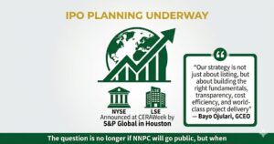 Infographic showing IPO planning with NYSE and London Stock Exchange listings considered, quote from GCEO Bayo Ojulari about building right fundamentals and transparency