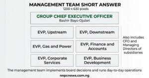 Organizational chart showing GCEO Bashir Bayo Ojulari at top with six EVPs for Upstream, Downstream, Gas and Power, Finance and Accounts, Corporate Services, and Business Development