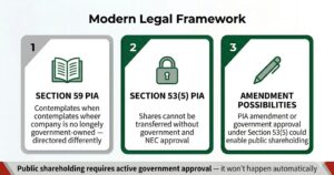Three sections showing Section 59 PIA contemplates when company no longer wholly government-owned, Section 53(5) requires government and NEC approval for share transfer, and amendment possibilities could enable public shareholding with government approval