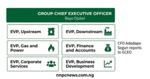 Organizational chart showing GCEO Bayo Ojulari at top with six Executive Vice Presidents reporting including EVP Upstream, EVP Downstream, EVP Gas and Power, EVP Finance and Accounts, EVP Corporate Services, and EVP Business Development