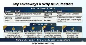 Top section table showing NEPL full name NNPC Exploration and Production Limited, category upstream subsidiary, focus deepwater and frontier exploration, key assets Bonga Erha Agbami Akpo Egina, operating model Production Sharing Contracts PSCs, reports to EVP Upstream at NNPC Limited, partners Shell ExxonMobil TotalEnergies Chevron Eni. Bottom section four cards revenue generation deepwater fields generate significant revenue, risk management PSC model allows benefit without full risk, capacity building builds Nigerian expertise, reserve growth frontier exploration could open new producing areas