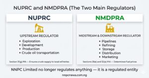 Two boxes showing NUPRC as upstream regulator for exploration development production and crude oil transportation, and NMDPRA as midstream and downstream regulator for pipelines refining storage distribution and marketing