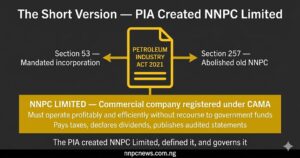 Document icon Petroleum Industry Act 2021 with two arrows showing Section 53 mandated incorporation and Section 257 abolished old NNPC, leading to NNPC Limited as commercial company registered under CAMA