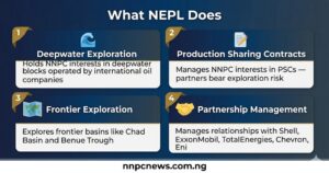 Four cards showing NEPL functions deepwater exploration holding NNPC interests in deepwater blocks, production sharing contracts managing PSCs where partners bear exploration risk, frontier exploration in Chad Basin and Benue Trough, partnership management with Shell ExxonMobil TotalEnergies Chevron Eni