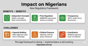Top section showing three benefits independent oversight price regulation and transparency, bottom section showing three challenges capacity building political pressure and coordination