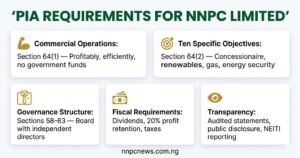 Five cards showing PIA requirements for NNPC Limited including commercial operations under Section 64(1), ten specific objectives under Section 64(2), governance structure under Sections 58 to 63, fiscal requirements for dividends and taxes, and transparency requirements for audited statements